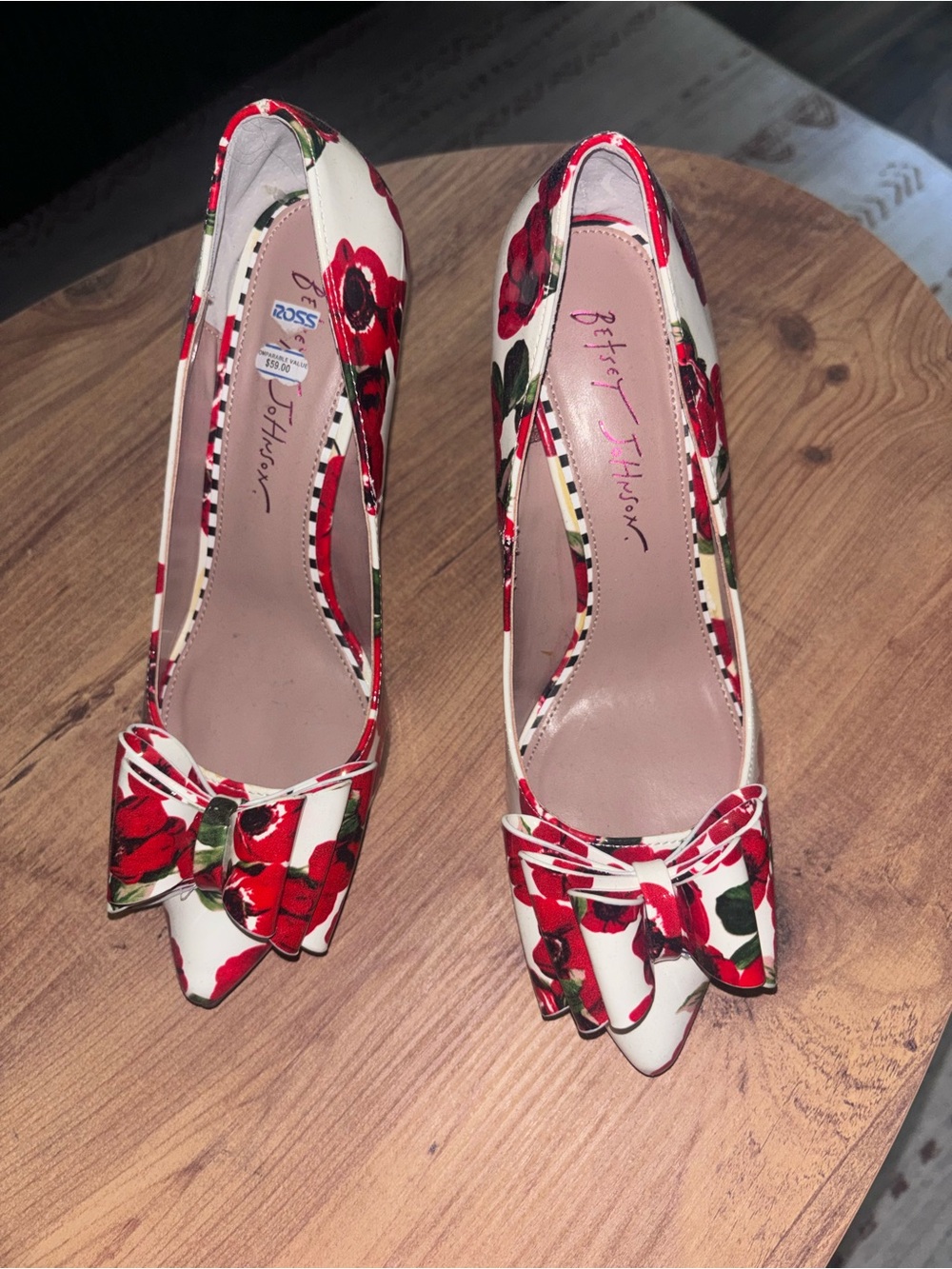 Betsey Johnson White Pumps with Red Floral Bow